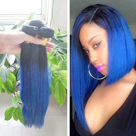 Blue Ombre Hair Weave Extensions Straight Two Tone Color 1B Blue 3pcs lot Indian Virgin Human Hair Bundles