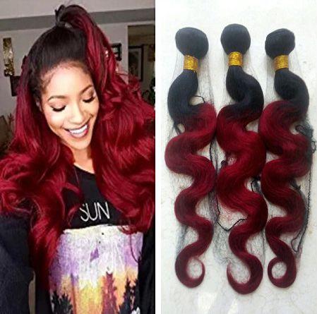 Ombre Two tone 1B Red black and burgundy human hair Brazilian Peruvian body wave hair bundles 3pcs Hair Weaving