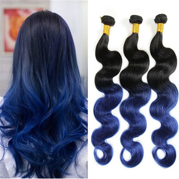 fastion style ombre human hair body wave #black and blue 10-26inch 100g pc blue hair weave 3 bundles ombre hair extensions