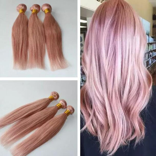 Pink Human Hair Weave Extensions Rose Gold Brazilian Straight Hair Bundles For Summer Wholesale