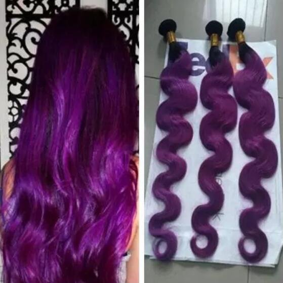 Brazilian Ombre Human Hair Extensions #1B Purple Dark Roots Two Tone Hair Weaves Body Wave Wavy Virgin Hair Wefts 3 Bundles