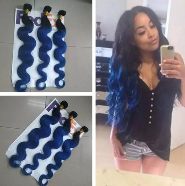 Brazilian human hair weave Ombre blue body wave hair bundles black and Blue two tone color weaves 10-28inch Indian hair extensions