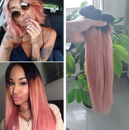 1B Rose Gold Ombre Peruvian Virgin Hair Extensions 3 Bundles 9A Grade Two Tone Pink Ombre Silky Straight Hair Weaves Weft