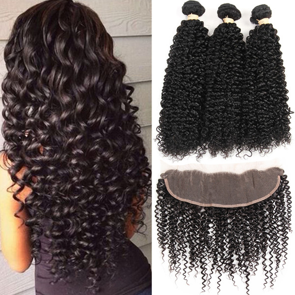 Malaysian Hair Kinky Curly 3 Bundles with Pre Plucked Lace Frontal Closure 13*4 Lace Frontal With Bundles Natural Color Human Hair Weave