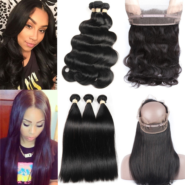 Brazilian Human Hair Bundles with Closure Body Wave Straight Hair Pre Plucked 360 Lace Frontal with Bundles Brazilian Hair Bundles