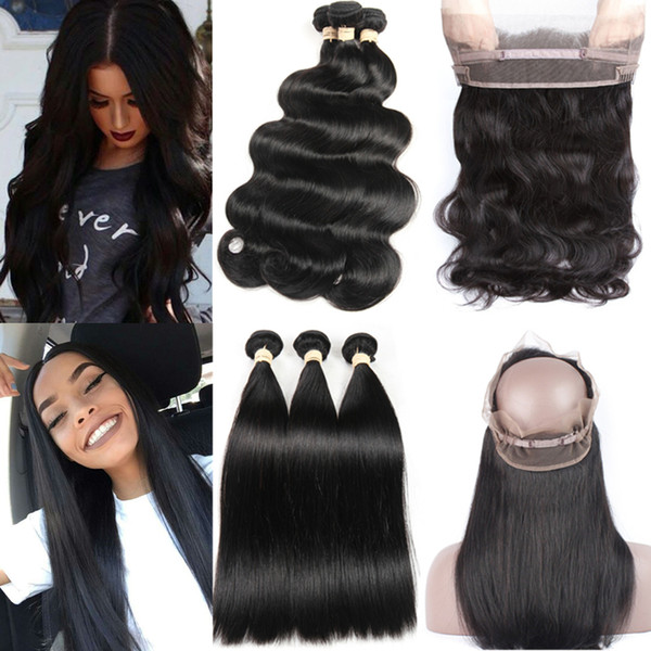 7A Mink Brazilian Human Hair Bundles with Closure Body Wave Straight Hair Pre Plucked 360 Lace Frontal with Bundles Brazilian Hair Bundles