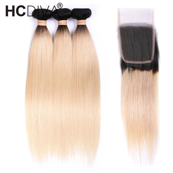 Brazilian Virgin Straight Hair 1B 613 Ombre Blonde Bundles with Closure Remy Human Hair Bundles Weave with Closure Free Middle Three Part