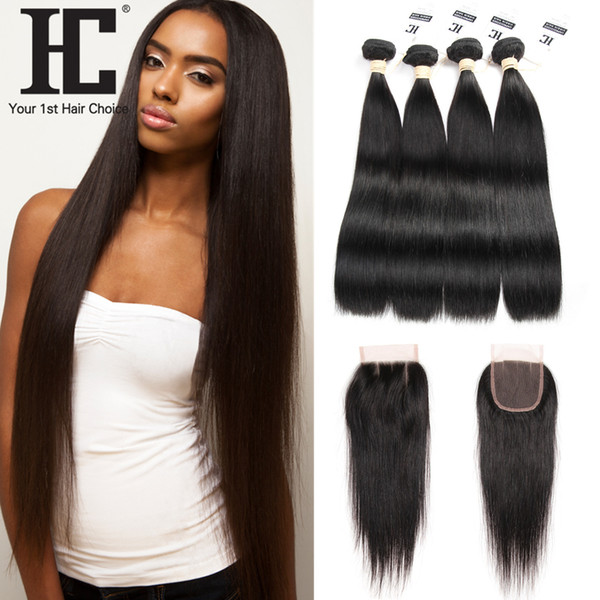 Soft Peruvian Virgin Hair Straight With Closure Peruvian Straight Hair Lace Closure 4 Bundles With Closure Free Middle Three Part Human Wave