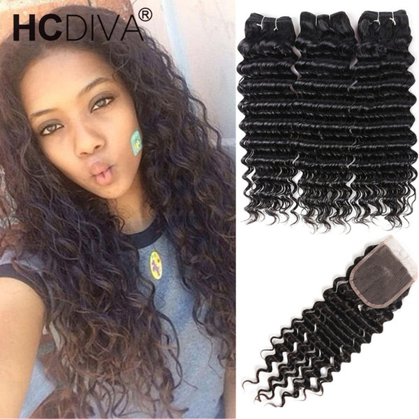 Indian Deep Wave Bundles With Closure Brazilian Hair Bundles With Closure Human Hair Weave 3 Bundles With Closure 4*4 Free Part HCDIVA