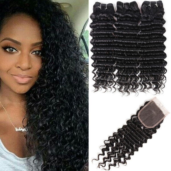 Peruvian Deep Wave Bundles With Closure Peruvian Hair Bundles With Closure Human Hair Weave 3 Bundles With Closure Non Remy HCDIVA
