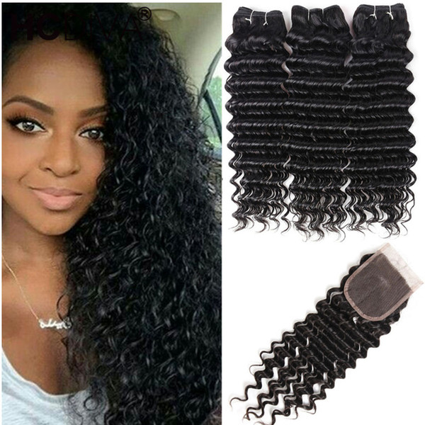 Malaysian Deep Wave Bundles With Closure Brazilian Hair Bundles With Closure Human Hair Weave 3 Bundles With Closure 4*4 Free Part HCDIVA