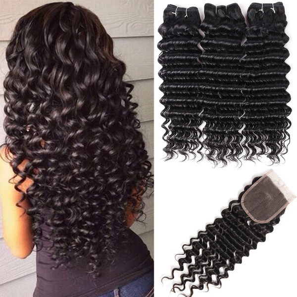 Deep Wave Hair Top Human Hair Bundles With Closure Free Part 3 Bundles With 4*4 Swice Lace Closure Peruvian Human Hair Extensions HCDIVA