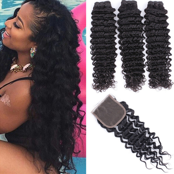 Brazilian Virgin Hair Deep Wave Human Hair Bundles With Closure 3 Bundles With Closure 4Pcs Free Part Non Remy Human Hair Extension HCDIVA