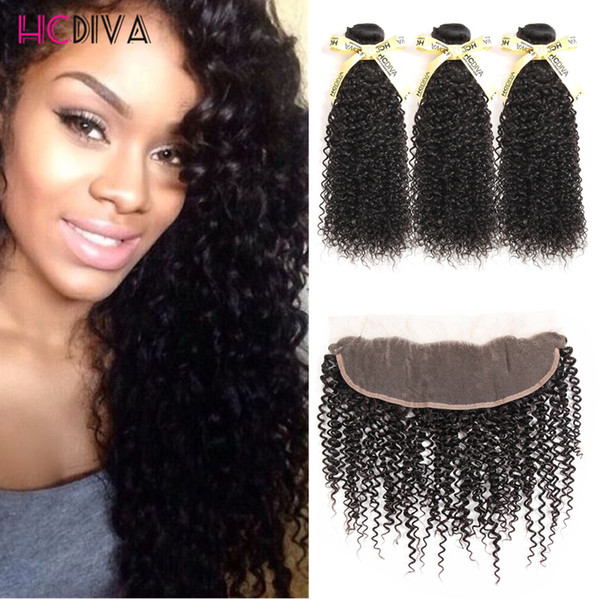 HCDIVA Hair Peruvian Hair Bundles Kinky Curly Lace Frontal Closure with Bundles human Hair Wave with Frontal