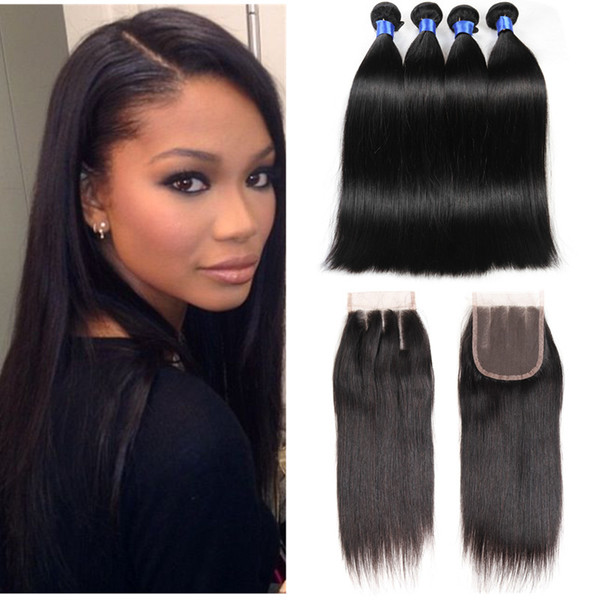 8A Brazilian Virgin Hair with closure 4 Bundles Brazilian Silk Straight With 4x4 Lace Closure Unprocessed Remy Human Hair Weave Wholesale