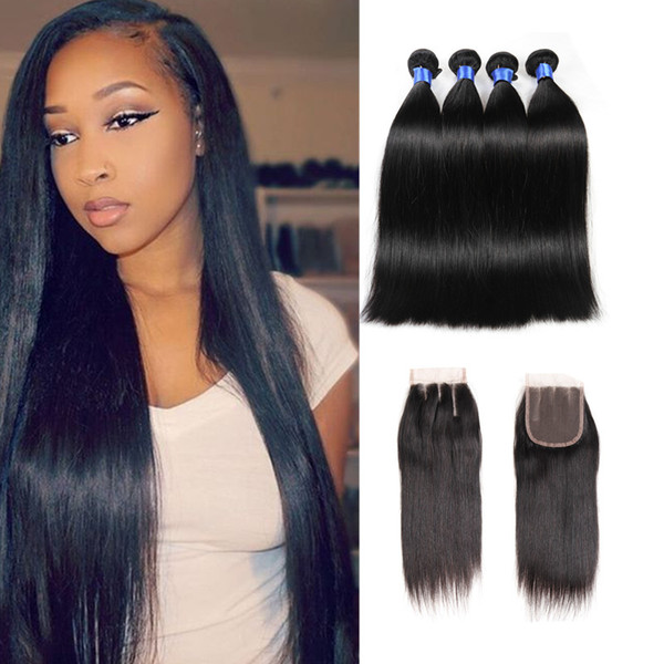 8A Malaysian Virgin Straight With Closure Unprocessed Brazilian Straight Hair 4 Bundles With Closure malaysian Human Hair Weave Thick