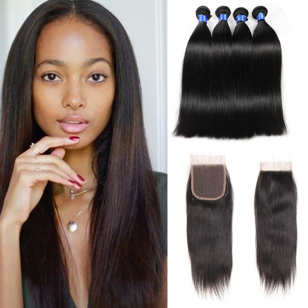 7A Brazilian Hair Bundles with Closure 8-28 Double Weft Human Hair Extensions Dyeable Hair Weaves Closure Silk Straight Weaves 