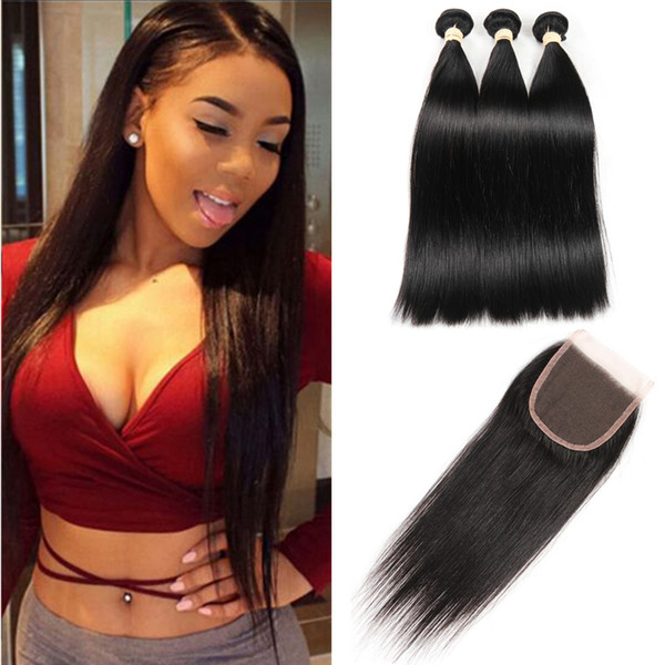 Brazilian Virgin Human Hair Bundle with Closure Straight Weaves Closure and bundles Lace Closures with bundles Peruvian hair Lace Closure