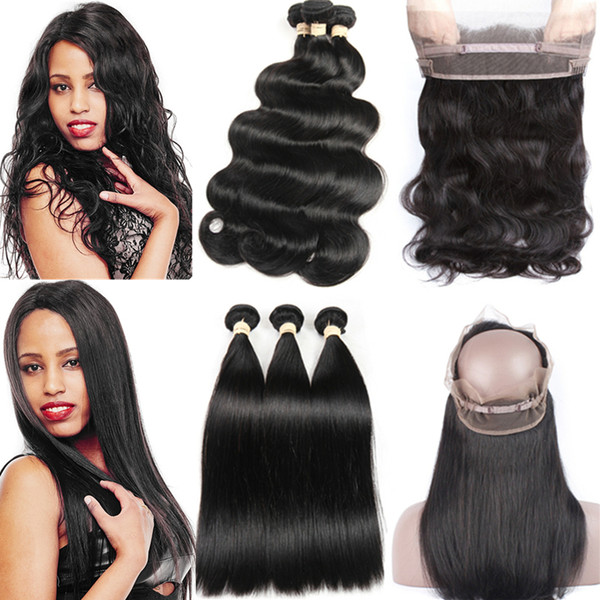 Brazilian Virgin Hair 3 Bundles Body Wave 360 Lace Frontal Unprocessed Brazilian Straight Human Hair Bundles With 360 Lace Frontal Closure