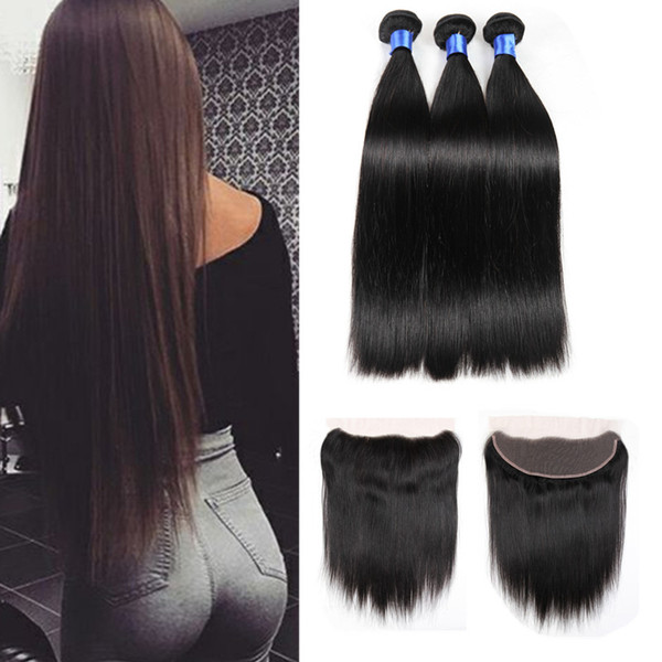 3 Bundles Brazilian Virgin Human Hair with 13*4 Top Lace Frontal Closure Ear to Ear Lace Frontal with Hairline Lace Frontal Hair Weft