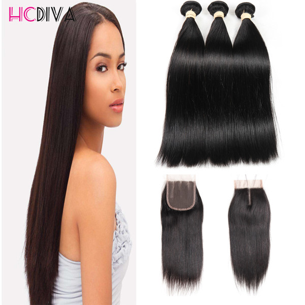 100% Unprocess Virgin Straight Human Hair Extensions Brazilian Human Hair 3 bundles Hair Weaves With 4*4 Lace Closure For Black Women HCDIVA