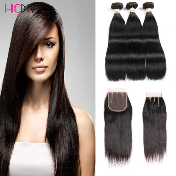 7A Brazilian Virgin Human Hair Weaves Closure and Bundles Straight 3 Bundles With Pre Plucked 4*4 Lace Closure Baby Hair Thick HCDIV
