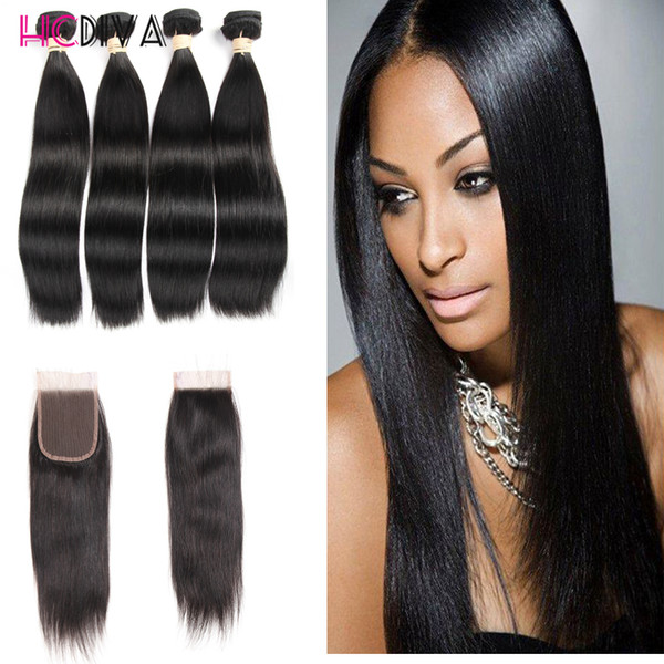 8A Grade Brazilian Straight Virgin Hair Weaves 4 Bundles with Lace Closure Unprocessed Malaysian Peruvian Indian Cambodian Remy Human Hair