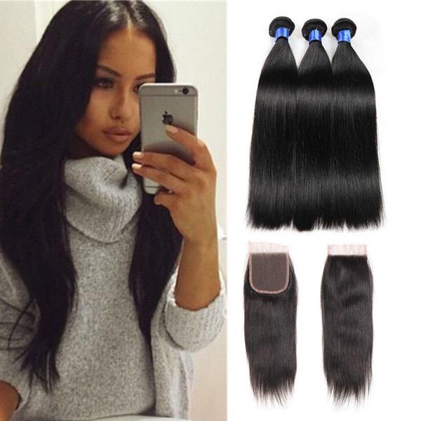 8A Mink 3 Bundles Brazilian Virgin Hair with closure Brazilian Silk Straight Hair With 4x4 Lace Closure Unprocessed Remy Human Hair Weave