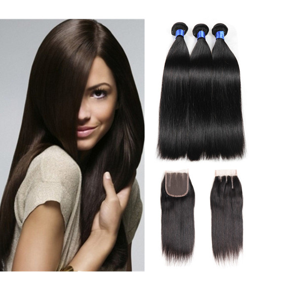 8A Brazilian Virgin Hair with closure Extensions 3 Bundles Brazilian Silk Straight With 4x4 Lace Closure Unprocessed Remy Human Hair Weave