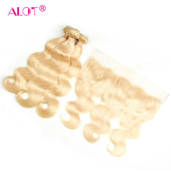 613 Blonde Bundles with Frontal Closure Brazilian Virgin Body Wave Human Hair Ear to Ear 13*4 Transparent Lace Frontal Closure with 3 Bundle