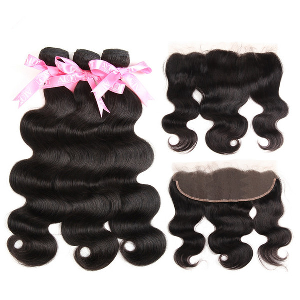 ALOT Brazilian 13*4 Frontal Closure With Human Hair Bundles Body Wave Lace Frontal Closure With Bundles Virgin Hair Weave 4PCS