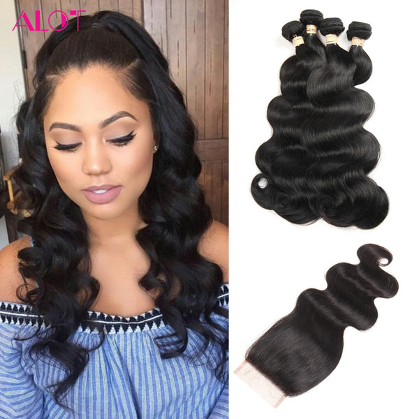 TOP Lace Closure with 4 Pcs Brazilian Hair Bundles Peruvian Indian Malaysian Cambodian Virgin Human Hair Extensions Body Wave Hair Wefts