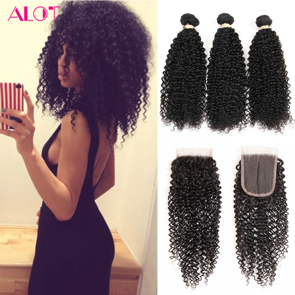 Brazilian Human Hair Bundles with Closure Kinky Curly Hair 3 Bundles with 4x4 Closure 100% Unprocessed Virgin Human Hair Lace Closure