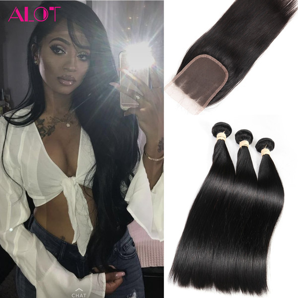 Brazilian Straight Virgin Hair Weaves 3 Bundles with Lace Closures 8A Grade Unprocessed Malaysian Peruvian Indian Cambodian Remy Human Hair