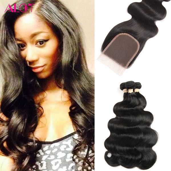 7A Brazilian Hair Bundles with Closure 8-30 Double Weft Human Hair Extensions Dyeable Hair Weaves Closure Body Wave Wavy 