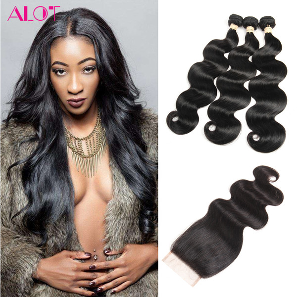 Brazilian Virgin Hair Bundles Body Wave 3 Bundles with Lace Closure Brazilian Indian Peruvian Malaysian Unprocessed Human Hair Extensions