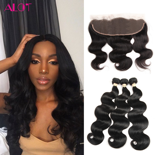 Indian Virgin Hair Body Wave 3 Bundles with Lace Frontal Ear to Ear Natural Color 13*4 Lace Frontal with Human Hair Weaves