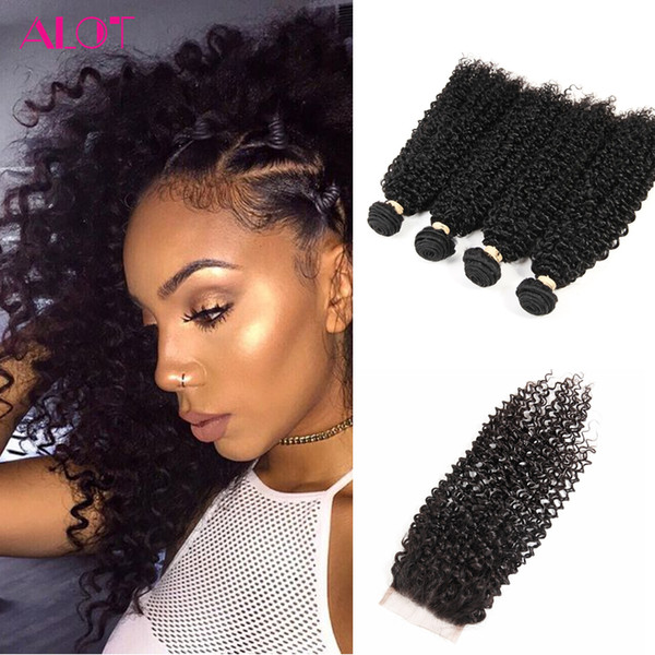 Pervian Virgin Kinky Curly Hair 4 Bundles with Closure Unprocessed Peruvian Malaysian Human Hair Weave Kinky Curly Hair Lace Closure