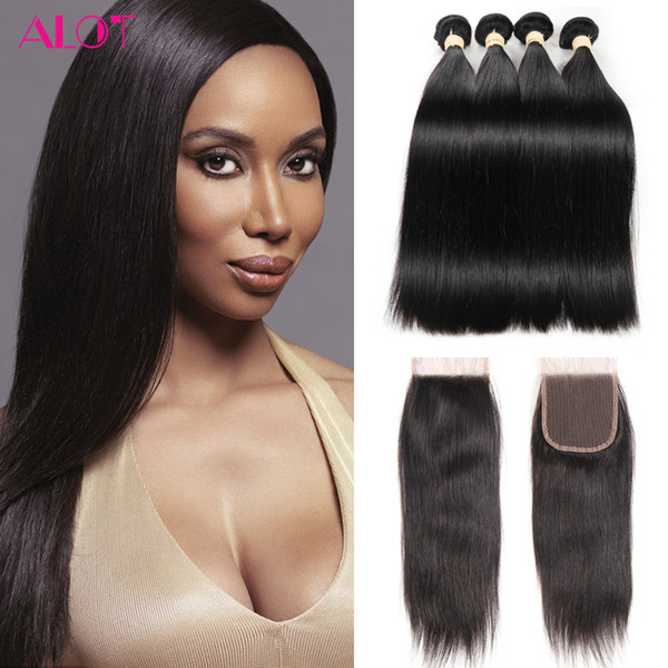 Brazilian Human Hair Straight Virgin Hair 4 Bundles with Closure 4*4 Natural Color 100% Unprossced Brazilian Human Hair Lace Closure