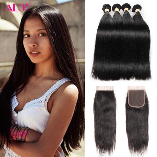 Peruvian Human Hair Straight Virgin Hair 4 Bundles with Closure 4*4 Natural Color 100% Unprossced Peruvian Human Hair Lace Closure