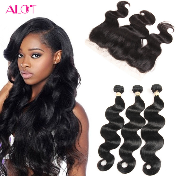 Indian Human Hair Body Wave 3 Bundles with Lace Frontal Ear to Ear Natural Color 13*4 Lace Frontal with Human Hair Weft