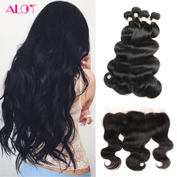 ALOT Brazilian Virgin Hair with Frontal Body Wave Cheap Human Hair Bundle 100% Virgin Human Hair 4 Bundles With 13x4 Lace Frontal