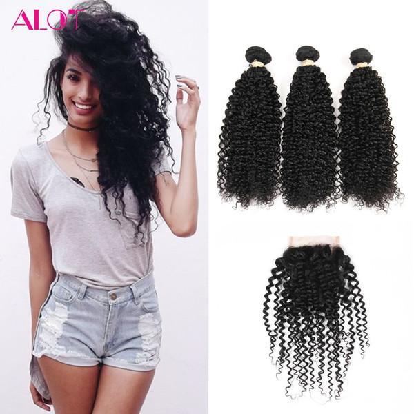 ALOT Grade 8A Brazilian Virgin Human Hair Bundles Kinky Curly Hair 3 Bundles with Lace Closures 100% Unprocessed Human Hair Extensions