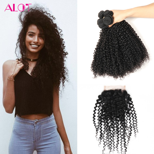 ALOT Grade 8A Brazilian Virgin Human Hair Bundles Kinky Curly Hair 4 Bundles with Closures 100% Unprocessed Brazilian Human Hair Extensions