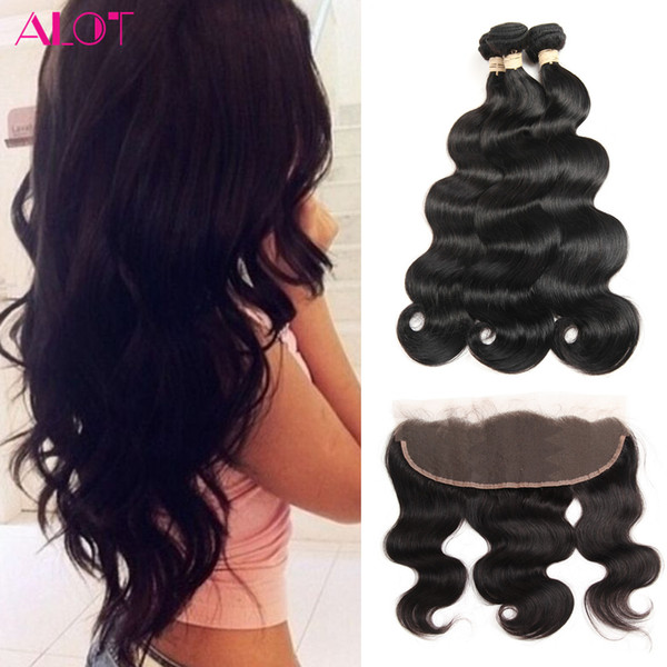 ALOT Human Hair Weave Bundles with Frontal Body Wave Brazilian Indian Peruvian Malaysian Virgin Hair 3 Bundles With 13x4 Lace Frontal