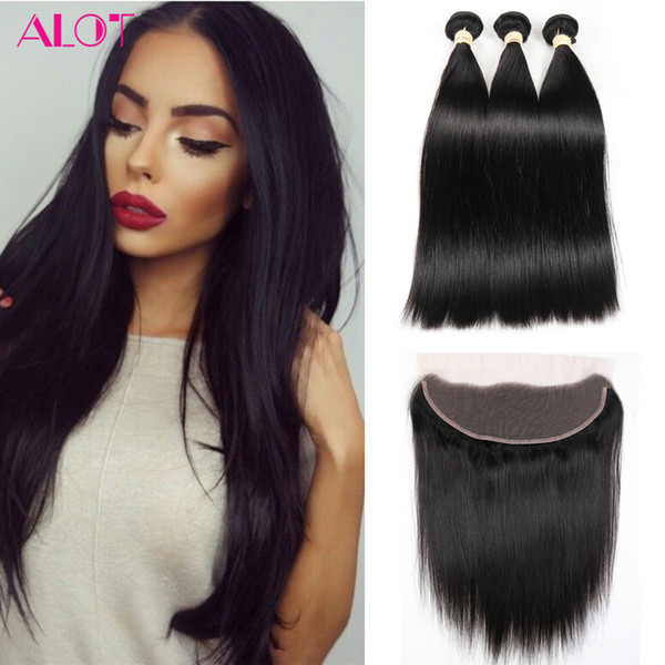 ALOT Human Hair Weave Bundles with Frontal Straight Hair Brazilian Indian Peruvian Malaysian Virgin Hair 3 Bundles With 13x4 Lace Frontal