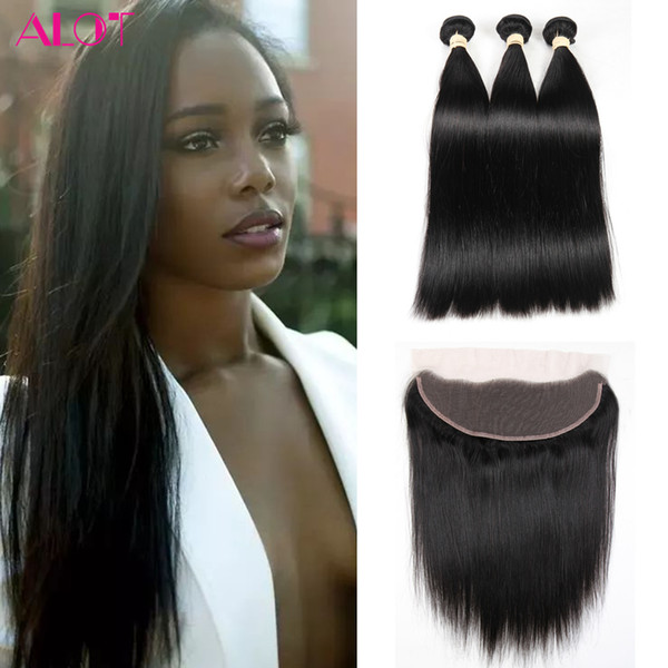 Brazilian Hair Bundles with Frontal Natural Color Straight Hair Weaves 3 Bundles With 13x4 Lace Frontal Brazilian Virgin Hair Extensions