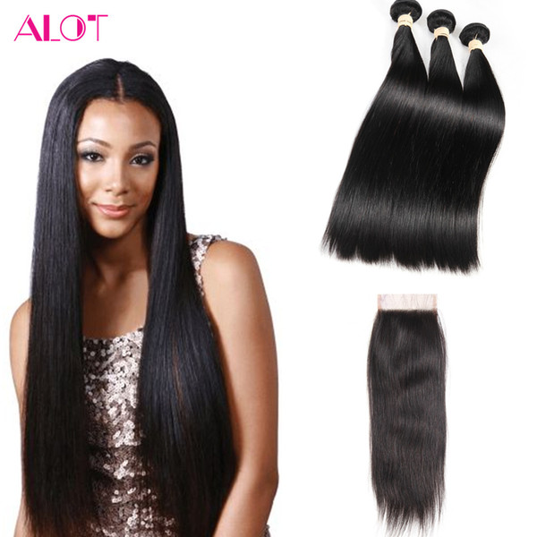 Peruvian Virgin Hair Bundles Straight Hair Weaves Human Hair with Closure Unprossced 3 Bundles with 4x4 Lace Closure Free Middle 3Part