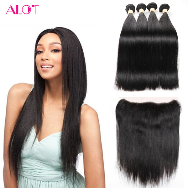 Peruvian Virgin Hair with Frontal Natural Color Straight Hair Weaves Unprossced Human Hair Bundles 4 Pcs With 13x4 Lace Frontal Bundles