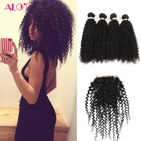 Brazilian Hair Closure and Bundles Natural Color Kinky Curly Brazilian Hair 4 Bundles with Closures 100% Unprocessed Human Hair Lace Closure